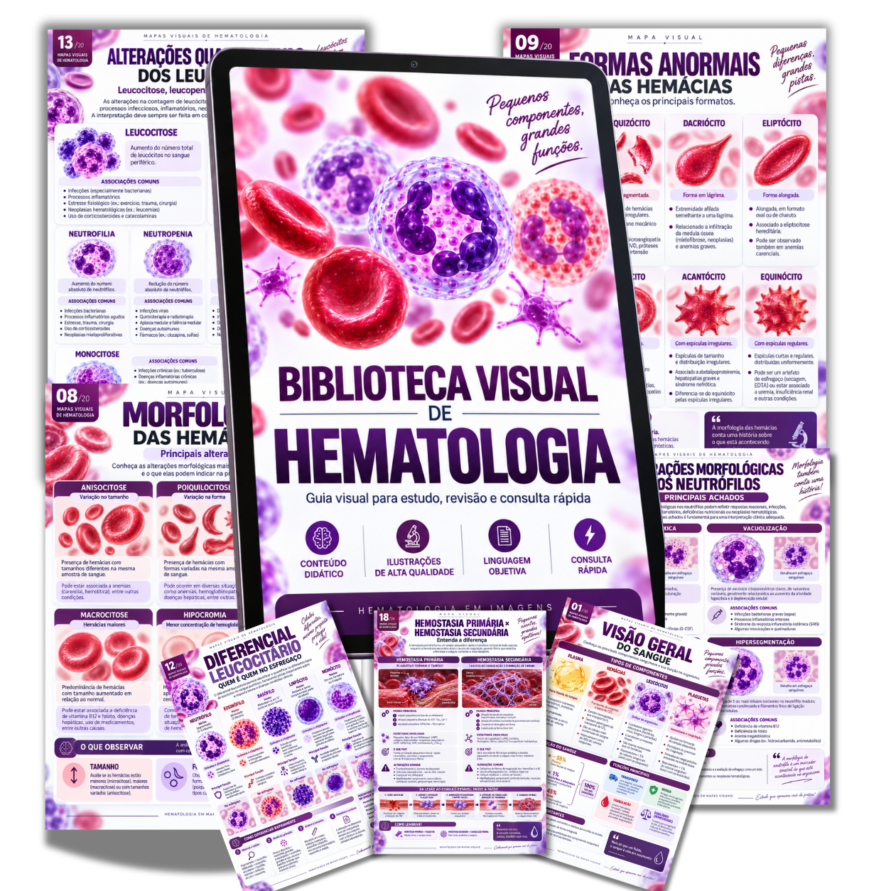 Biblioteca Visual de Hematologia com mapas ilustrados e guia em tablet