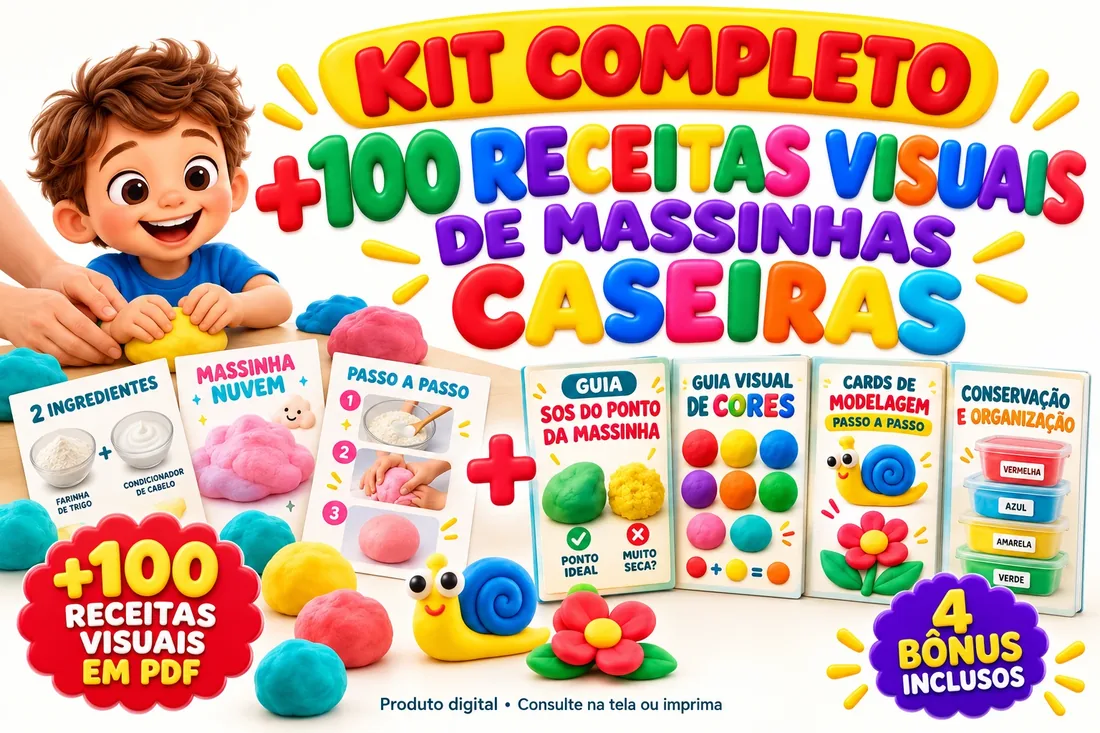 Mockup do Kit Completo: +100 Receitas Visuais de Massinhas Caseiras e 4 bônus inclusos